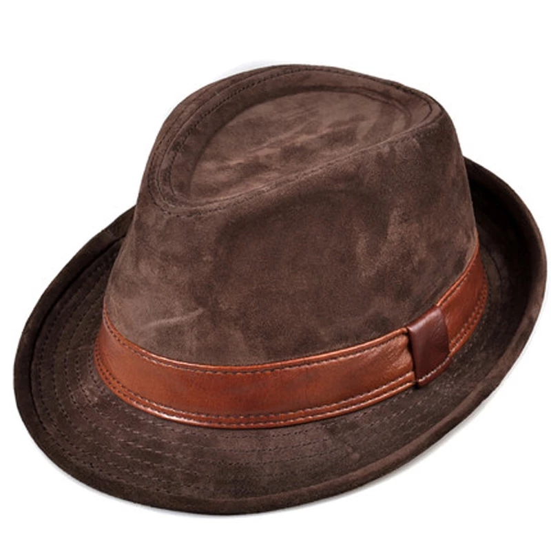 Fedora Hat Wool - Men Genuine Leather Suede Cow Skin